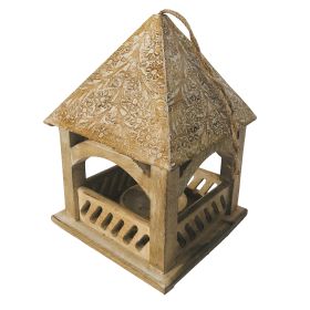Floral Engraved Decorative Temple Top Mango Wood Hanging Bird House with Feeder, Brown